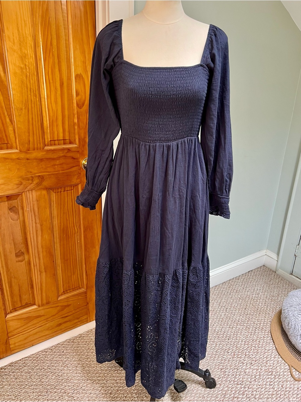 Listicle Navy Long Sleeve Smocked Maxi Dress Eyelet Lace Trim Pockets SMALL